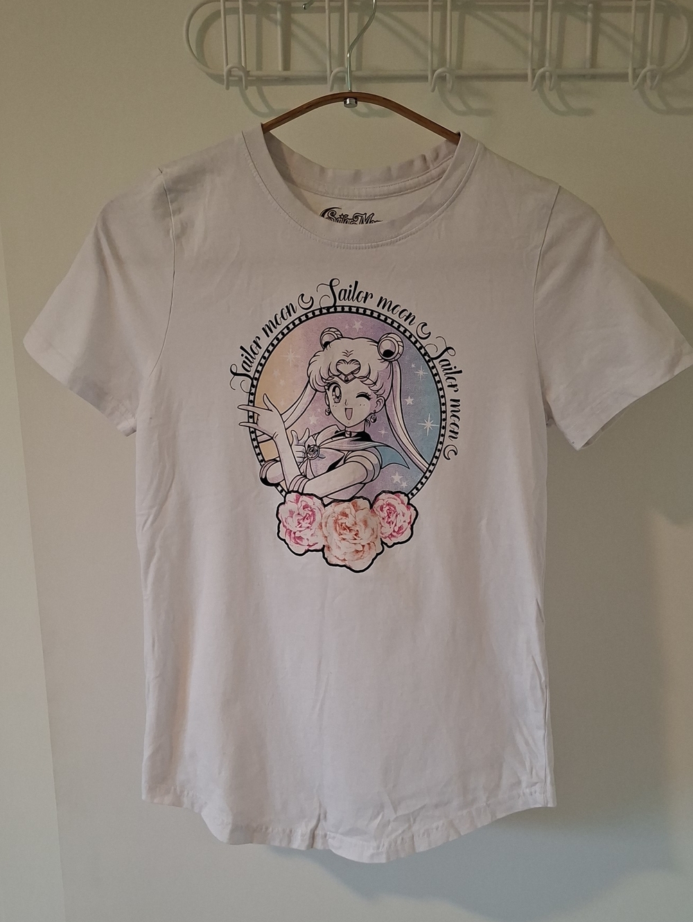 Sailor Moon White Longline Baby Tee with Floral Detail & Curved Hem (Size XS)